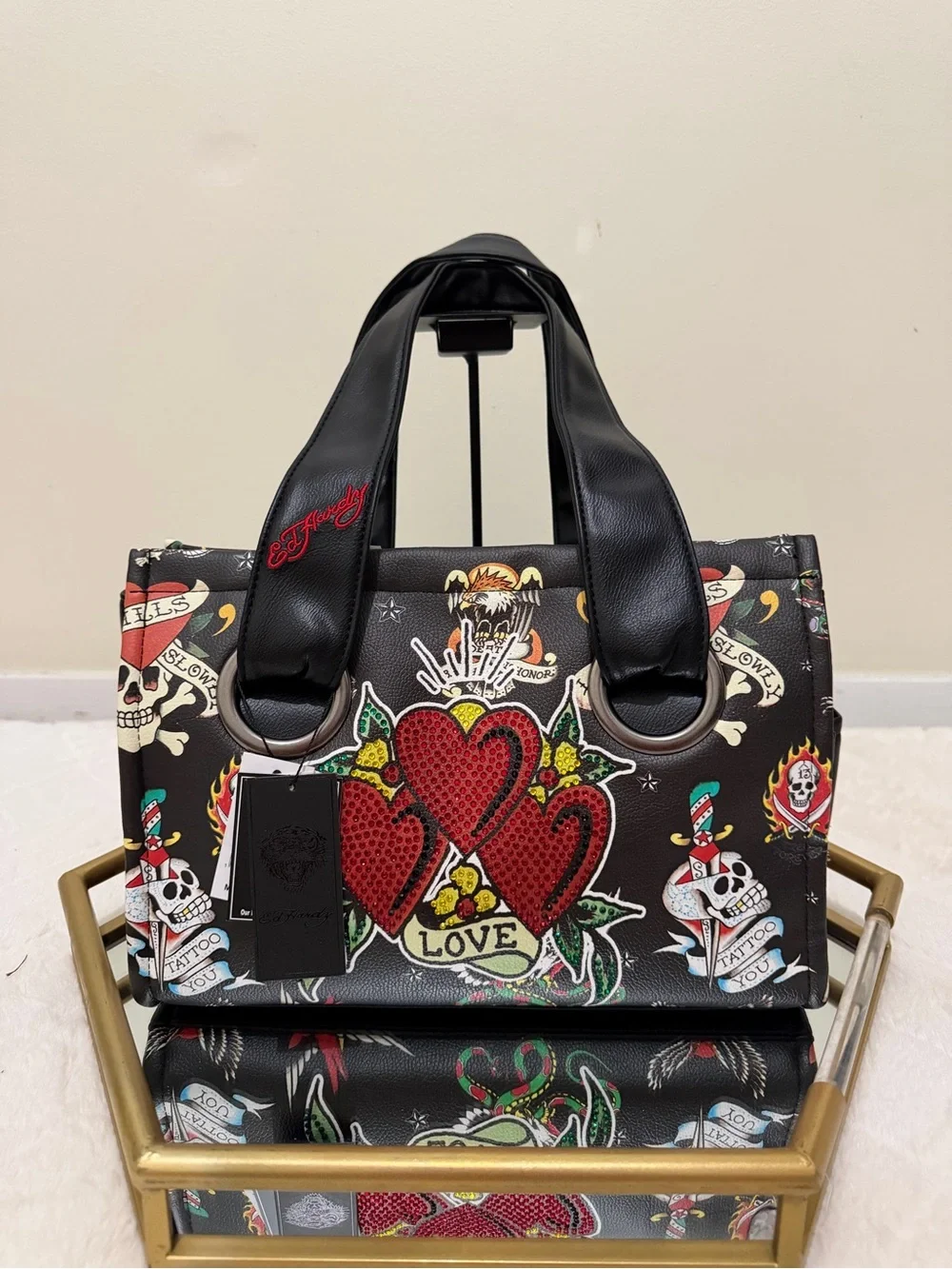 Ed Hardy Black Satchel with Red Heart Tattoo Motif